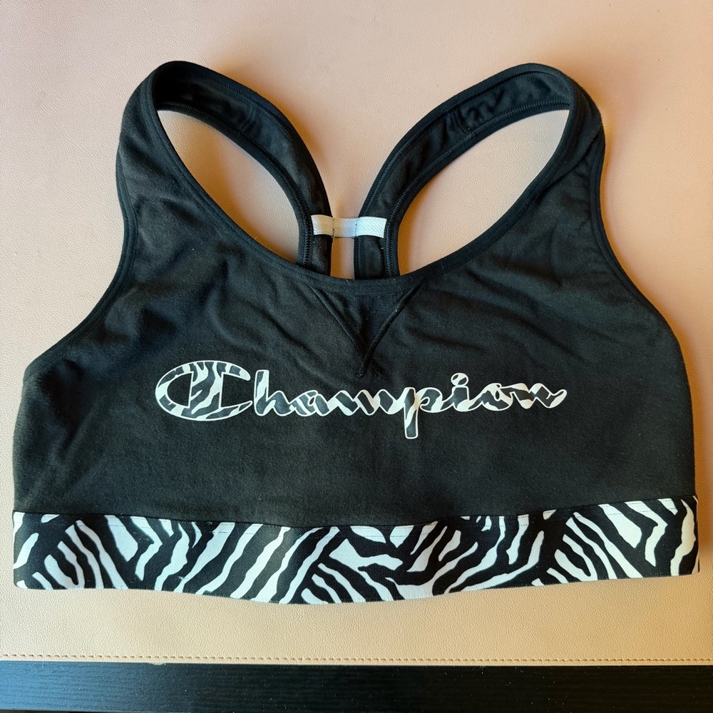Champion Black Zebra Print Racerback Sports Bra Women's Medium Athletic Gym Wear
